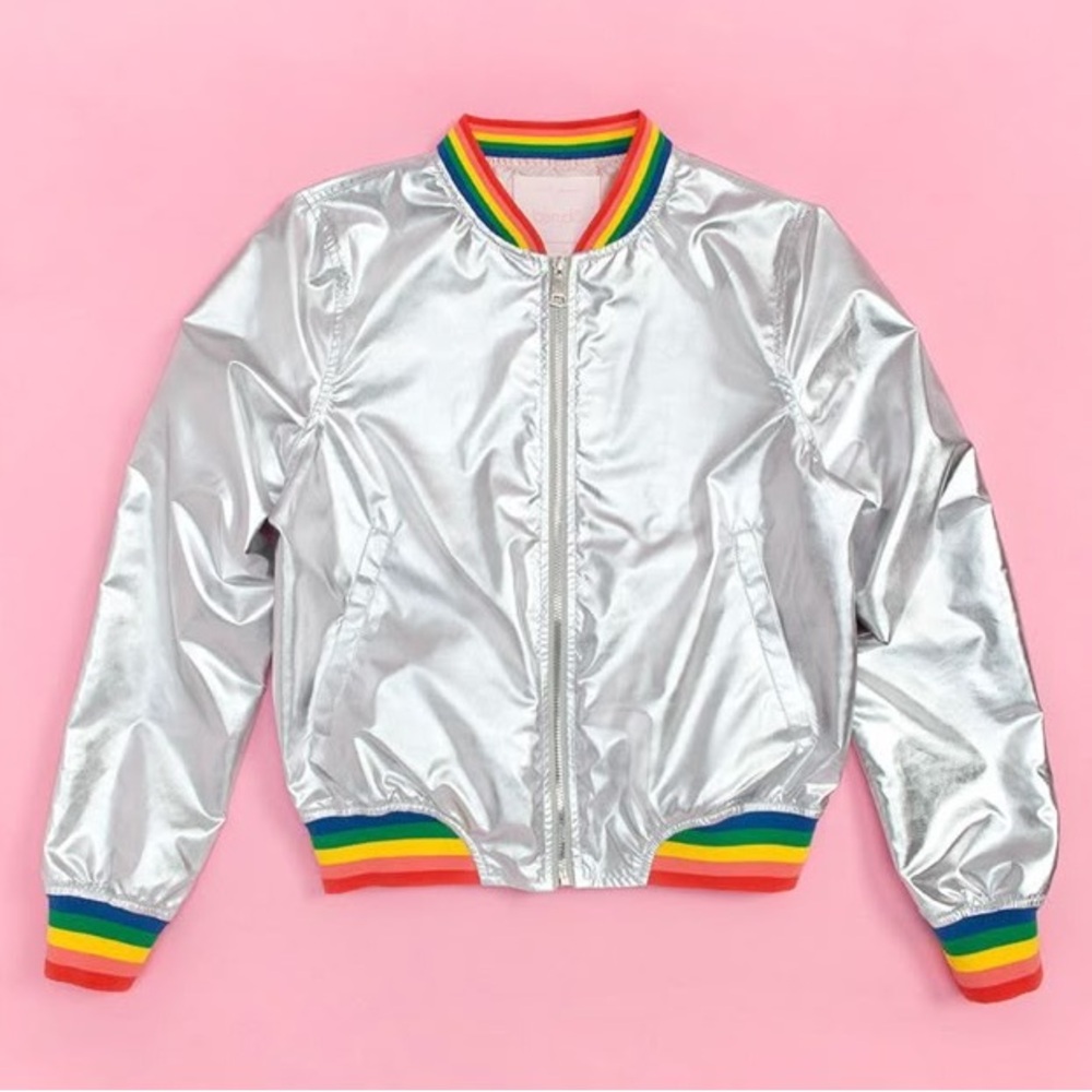ban.do Metallic Silver Rainbow Disco Bomber Jacket | Size Large